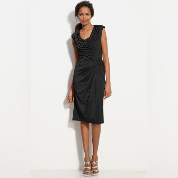 Tadashi Shoji Sleeveless Ruched Drape Neck Black Dress Size L - Picture 1 of 6